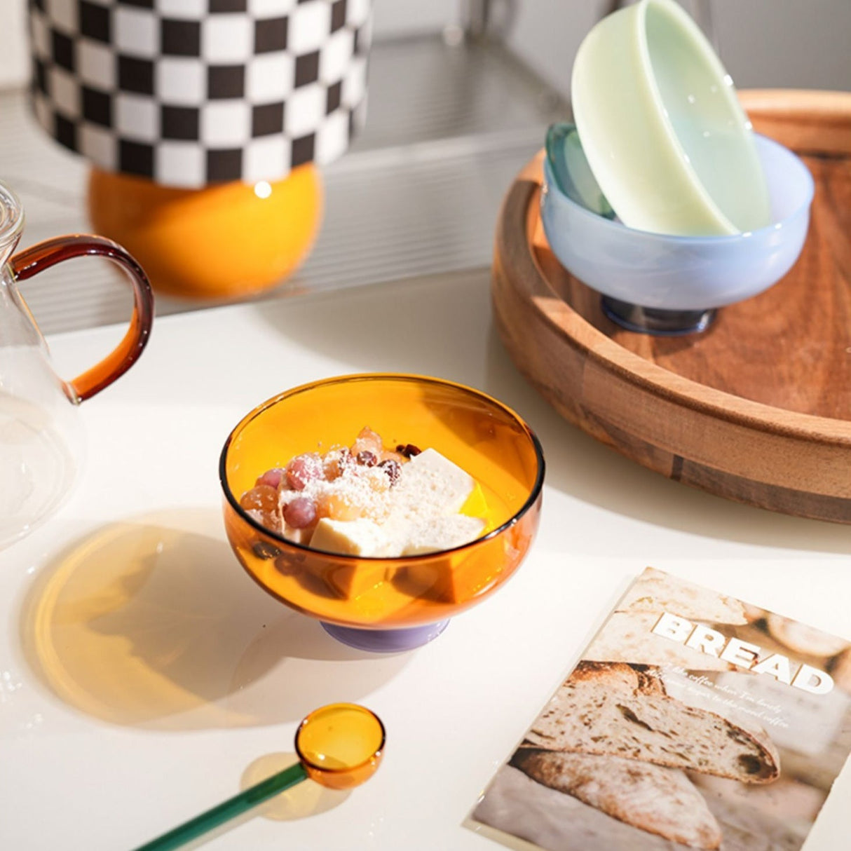 Hjemix | Fargerik borosilikat dessertbolle med skje