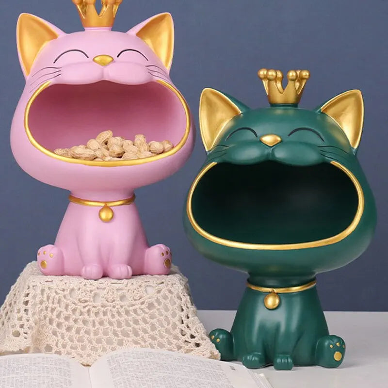 Hjemix | Fortune Crown Big Mouth Cat Entrance Nøkkelholder Dekorativ Ornament, Lett Luksus Hjemmegave Skulptur
