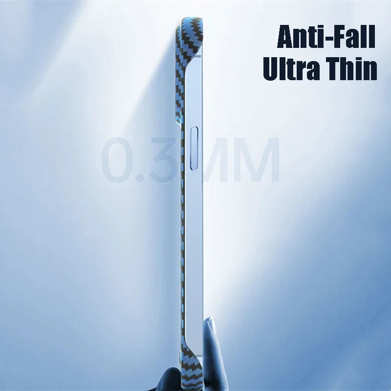 Hjemix | Ultra tynn karbonfiber magnetisk etui for iPhone 16 15 ProMax 14 Plus 13 12 11 Pro Max Magsafe trådløs lading uten ramme deksel