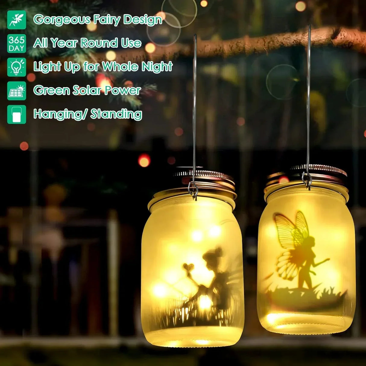 Hjemix | Glass Fairy Lamp - Solar Mason Jar Lantern, IP65 Vanntett Utendørs Hengelykt