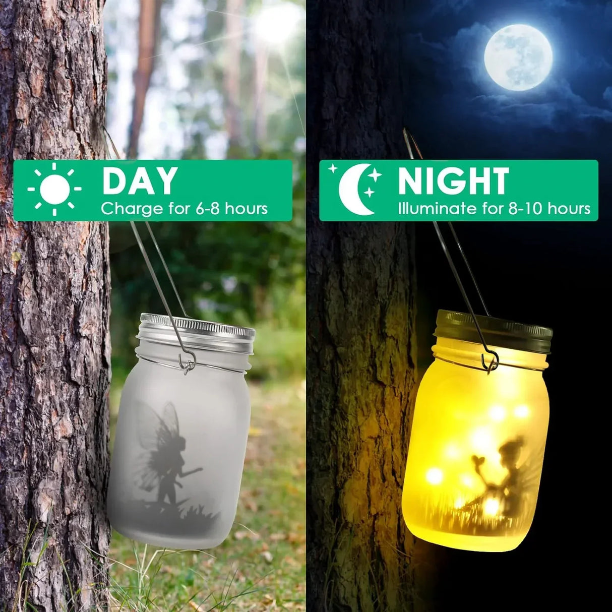 Hjemix | Glass Fairy Lamp - Solar Mason Jar Lantern, IP65 Vanntett Utendørs Hengelykt