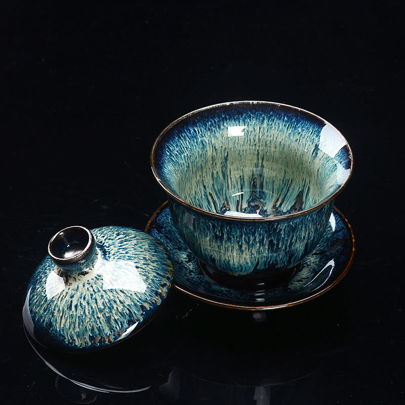 Hjemix | Vintage Brennovn Keramisk Gaiwan Sancai Tekopp Tekopp og Tallerken med Lokk