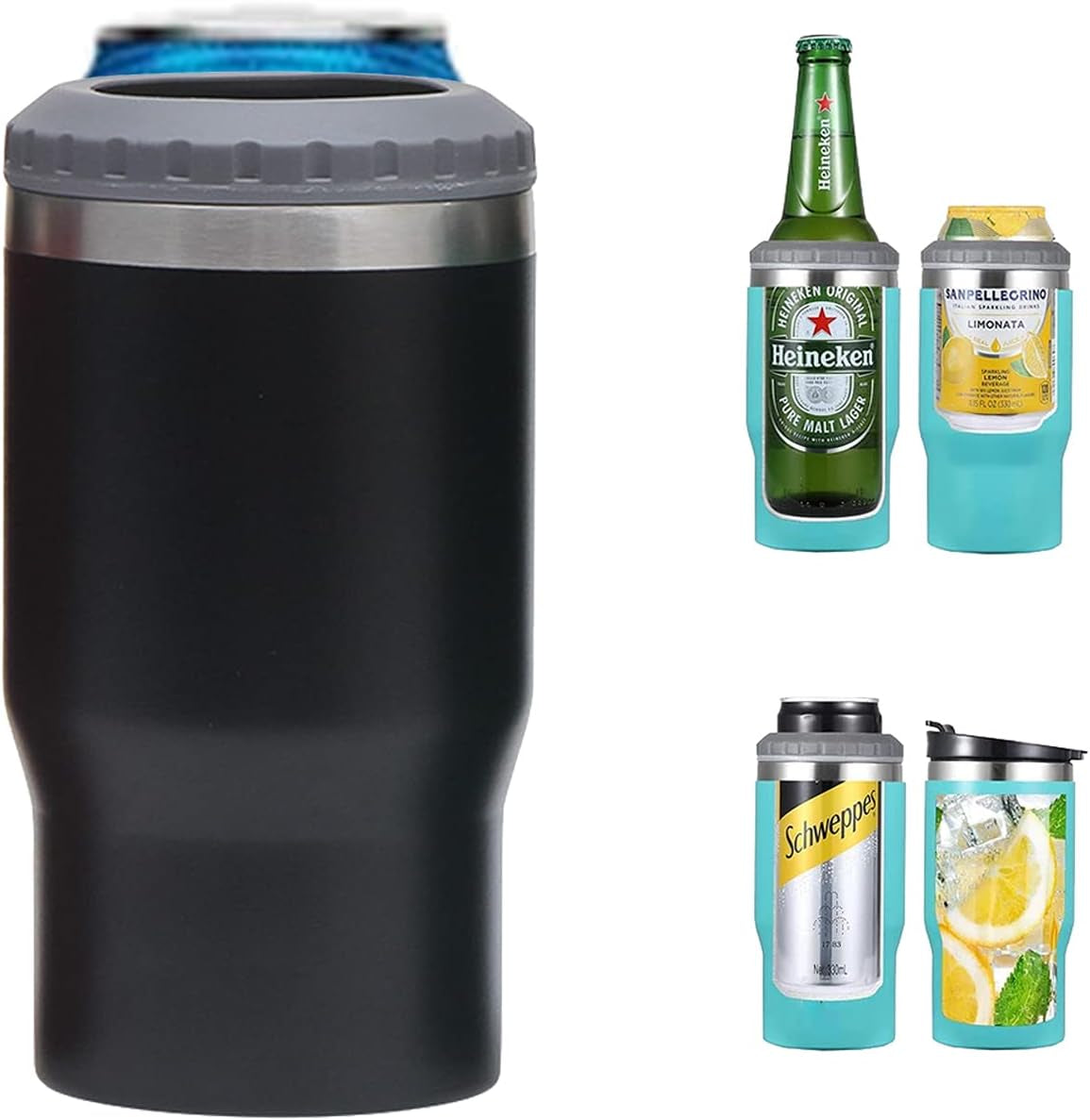 Hjemix | 4 i 1 rustfritt stål boks/flaske isolator, 14Oz toveis lokk SUS isolert boks kjøler, ølboksholder (Svart)