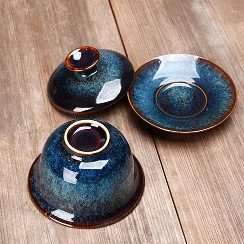 Hjemix | Vintage Brennovn Keramisk Gaiwan Sancai Tekopp Tekopp og Tallerken med Lokk