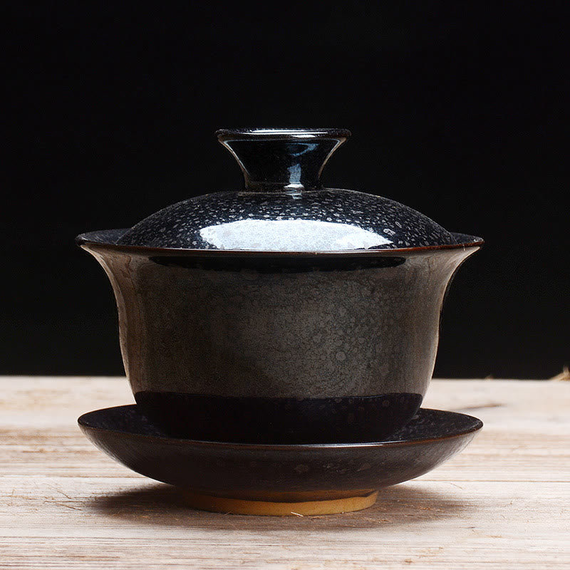 Hjemix | Vintage Brennovn Keramisk Gaiwan Sancai Tekopp Tekopp og Tallerken med Lokk