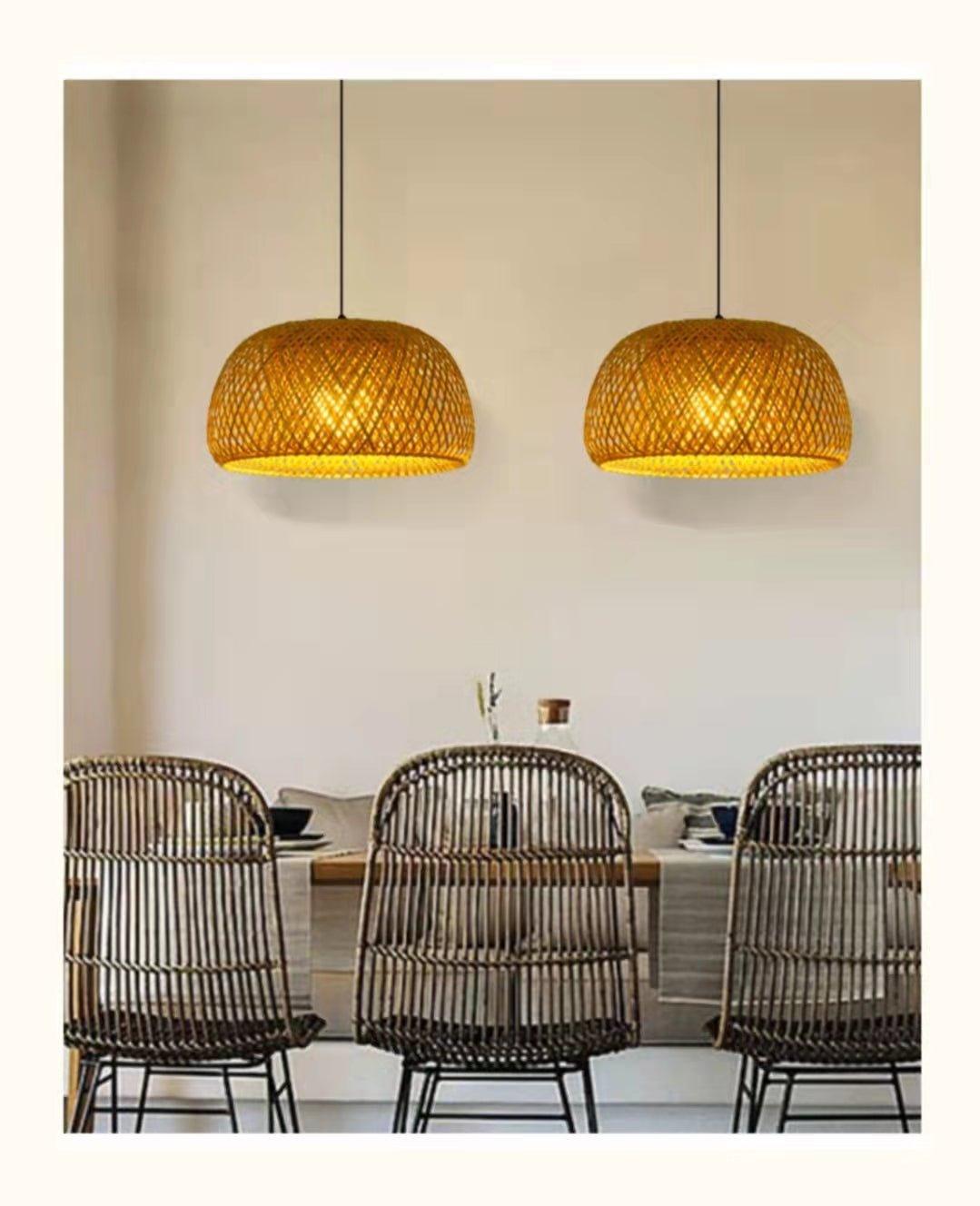Hjemix | Hengende taklampe laget av bambus C │ Håndlaget belysning av tre og rattan for interiørdekorasjon