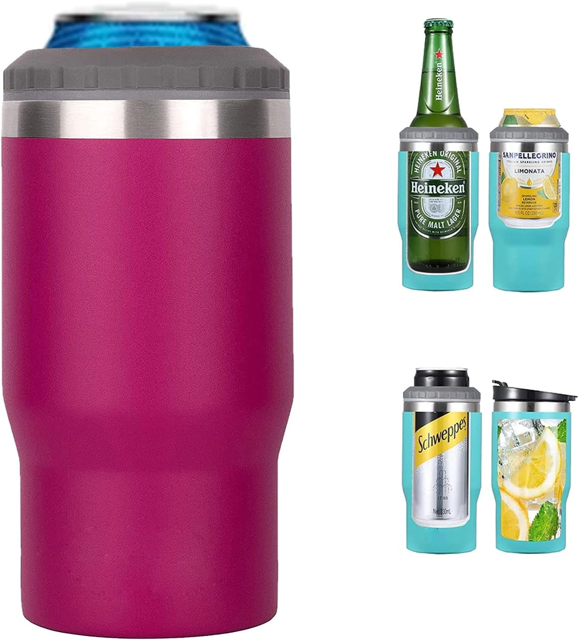 Hjemix | 4 i 1 rustfritt stål boks/flaske isolator, 14Oz toveis lokk SUS isolert boks kjøler, ølboksholder (Svart)