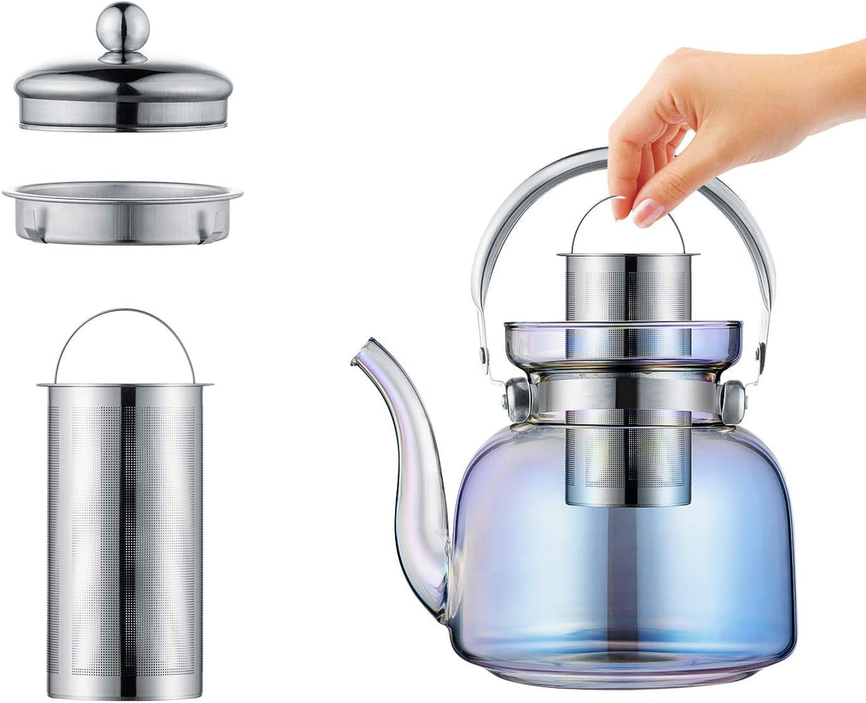 Hjemix | 50 Oz(1500Ml) Glass Teapot with Lid, Removable Stainless Steel Tea Strainer and Handle, Stovetop Safe Tea Maker for Blooming and Loose Leaf Tea (Iridescent)