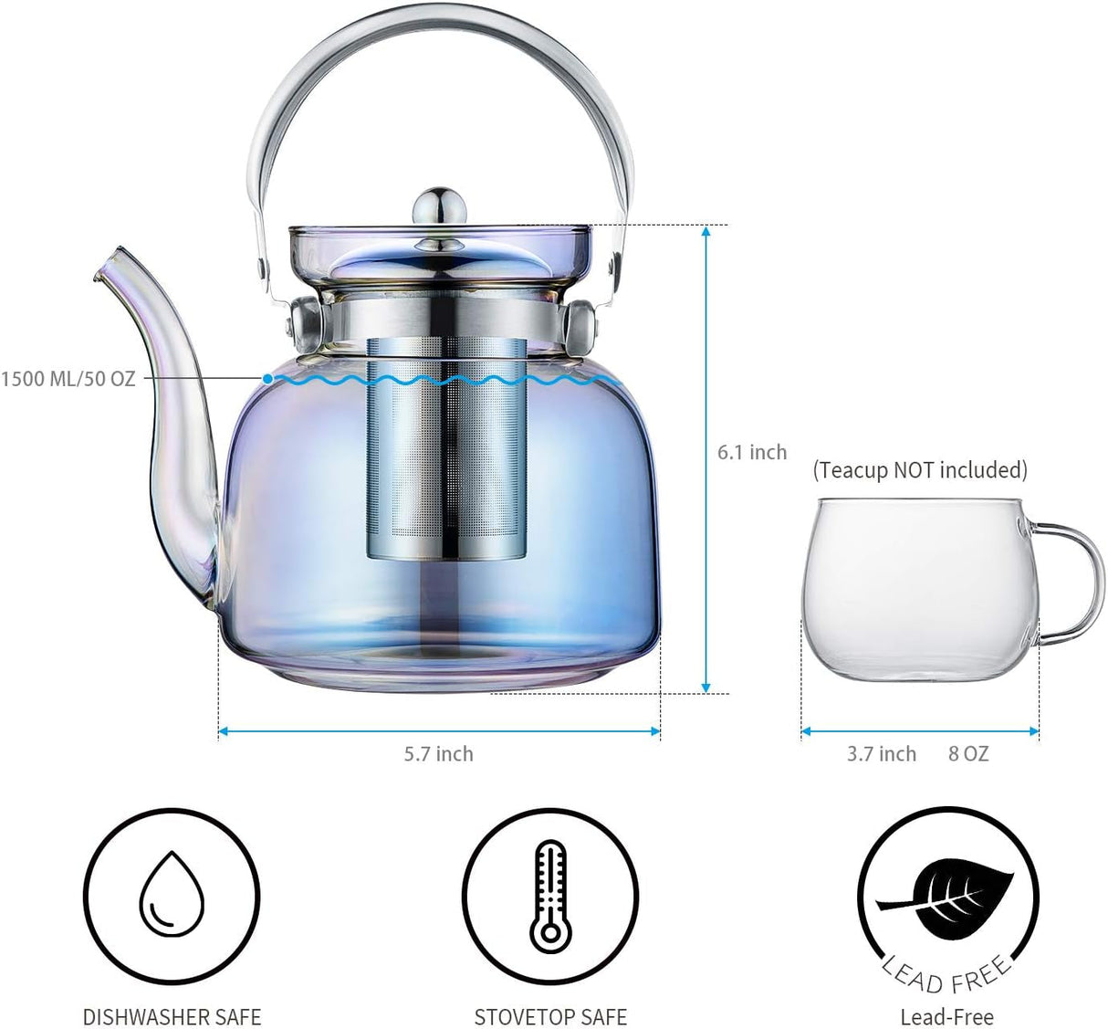 Hjemix | 50 Oz(1500Ml) Glass Teapot with Lid, Removable Stainless Steel Tea Strainer and Handle, Stovetop Safe Tea Maker for Blooming and Loose Leaf Tea (Iridescent)