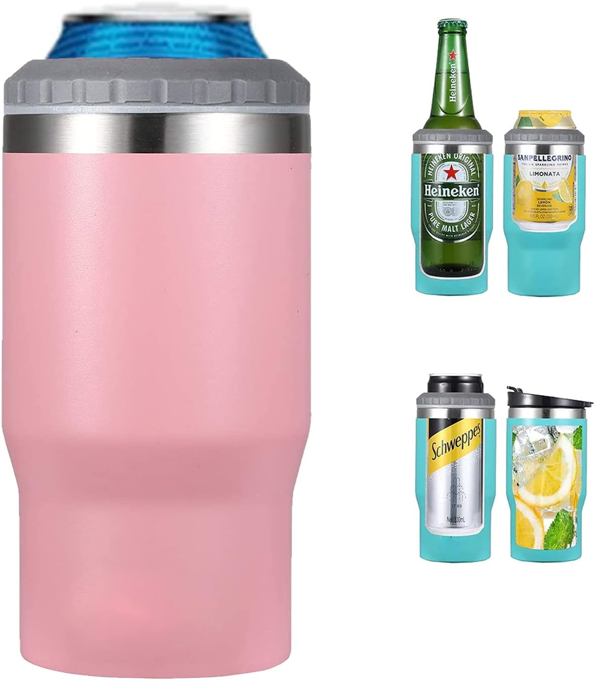 Hjemix | 4 i 1 rustfritt stål boks/flaske isolator, 14Oz toveis lokk SUS isolert boks kjøler, ølboksholder (Svart)