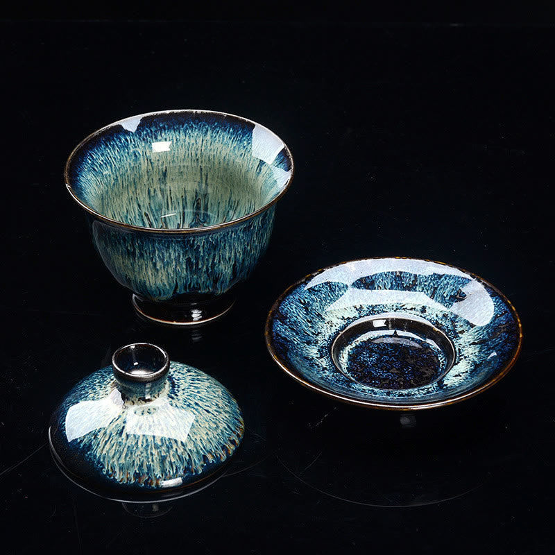 Hjemix | Vintage Brennovn Keramisk Gaiwan Sancai Tekopp Tekopp og Tallerken med Lokk