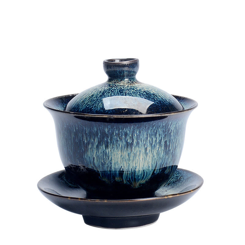 Hjemix | Vintage Brennovn Keramisk Gaiwan Sancai Tekopp Tekopp og Tallerken med Lokk