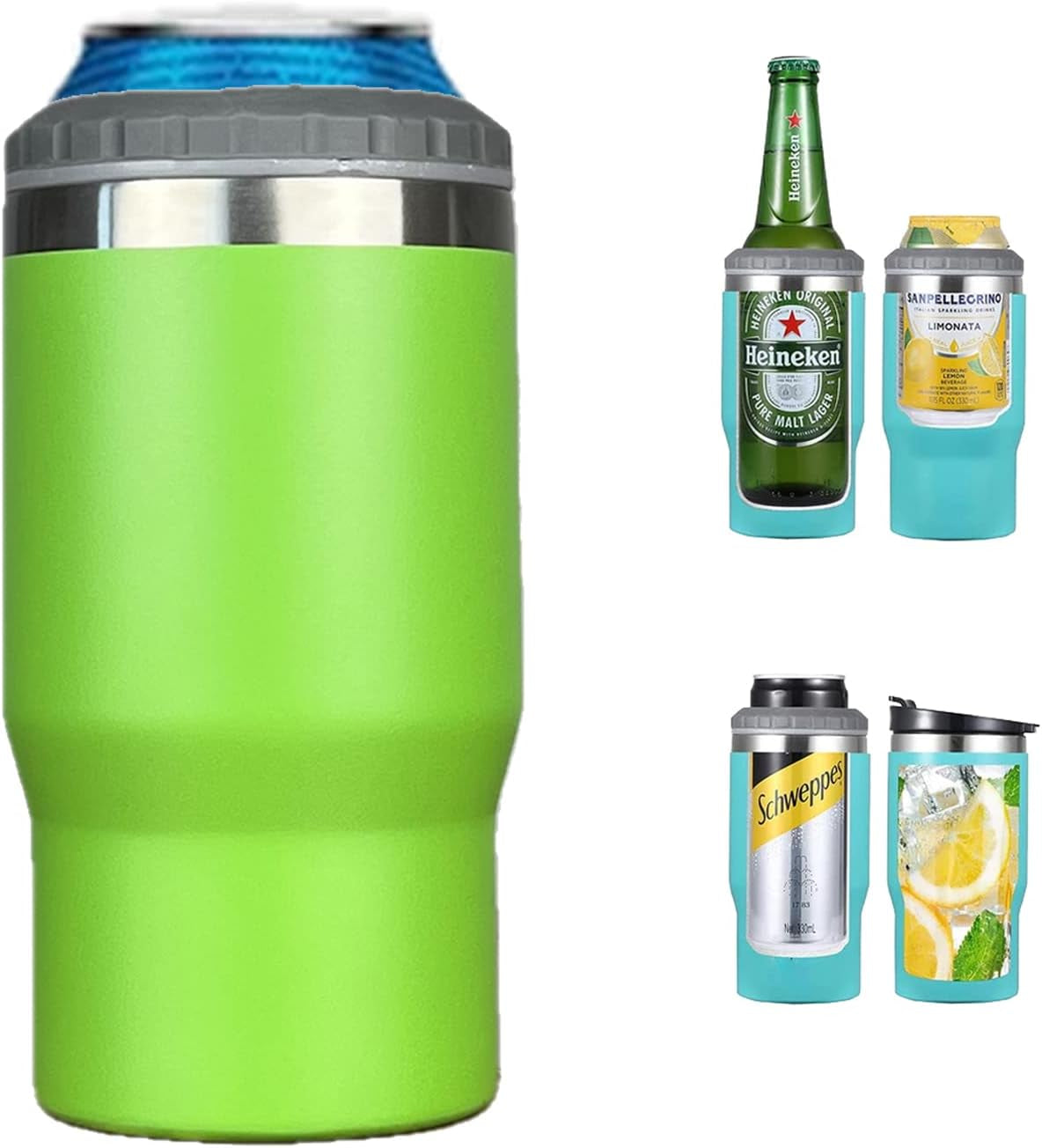 Hjemix | 4 i 1 rustfritt stål boks/flaske isolator, 14Oz toveis lokk SUS isolert boks kjøler, ølboksholder (Svart)