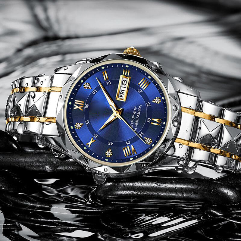 Hjemix | Vanntett lysende rustfritt stål to-farget kvartsklokke for menn