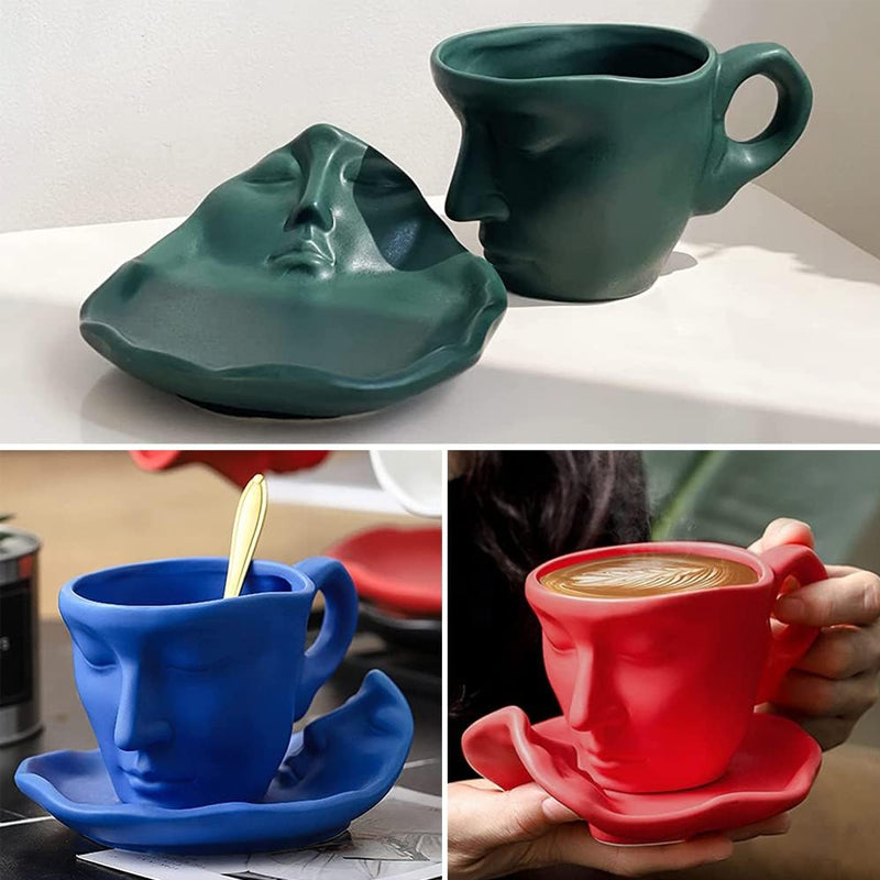 Hjemix | Metal Touching Face Creative Ceramic Kiss Kaffekopp, Kunstnerisk Vibe Krus & Tallerken Sett