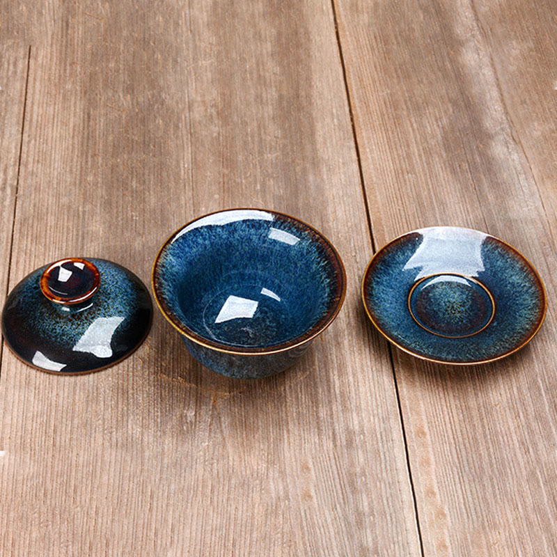 Hjemix | Vintage Brennovn Keramisk Gaiwan Sancai Tekopp Tekopp og Tallerken med Lokk