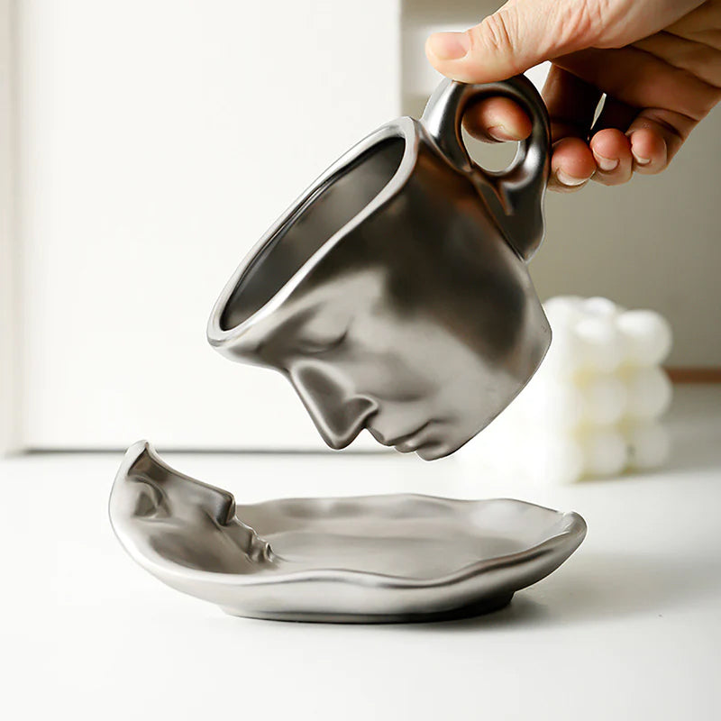 Hjemix | Metal Touching Face Creative Ceramic Kiss Kaffekopp, Kunstnerisk Vibe Krus & Tallerken Sett