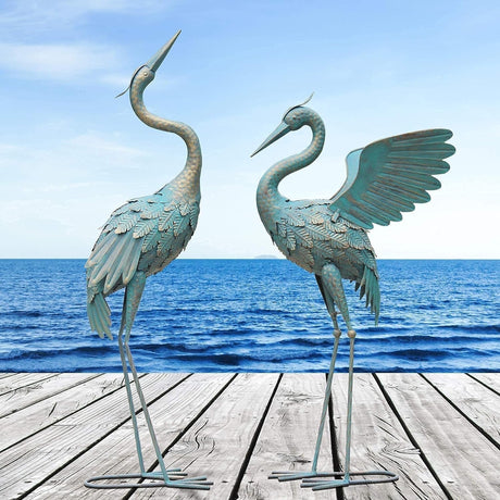 Hjemix | 33-37 Tommer Metall Krane Hage Statui Dekor, Fugl Hage Skulptur & Statuer, Utendørs Dekorasjon for Hage Patio Gressplen Bakgård Basseng, Vintage Sprettvinger Krane, Set med 2