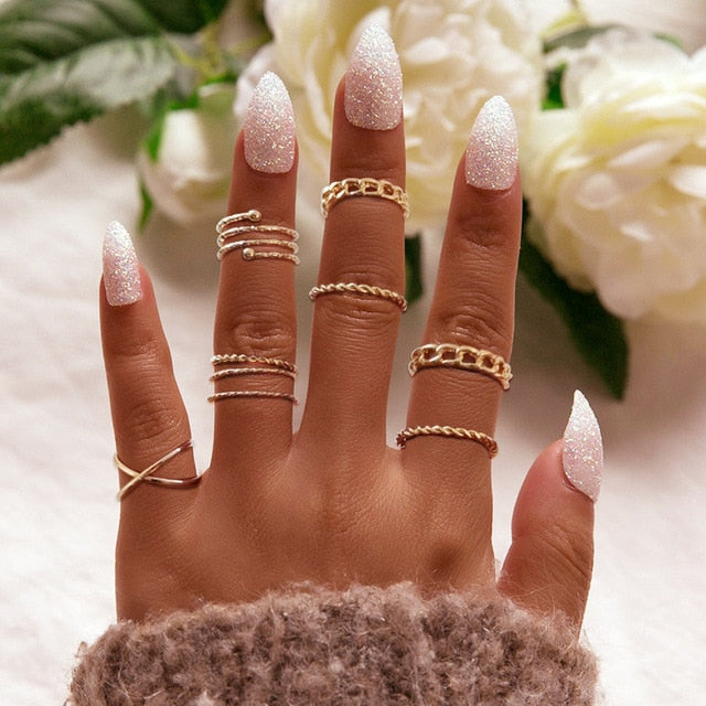 Hjemix | Fashionable Krystall Gullfarget Geometrisk Finger Ring Sett