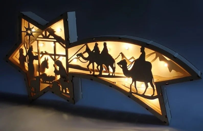Hjemix | 🎅LED-juledekorasjoner i tre Julekrybbe Stjerneformet skrivebordlampe🌟
