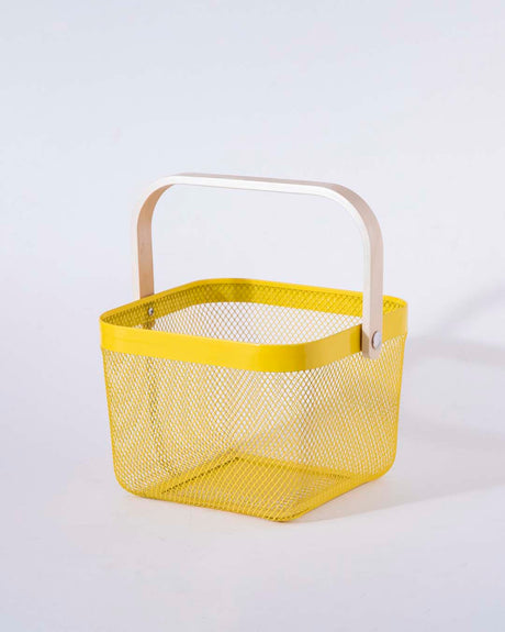 Hjemix | Firkantet Metalloppbevaringskurv med Trehåndtak - Gul - Sett med 2