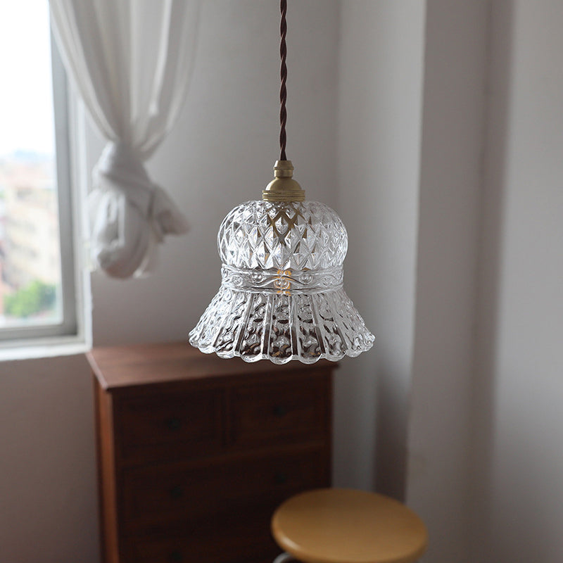 Hjemix | Tradisjonell Fransk Messing Ruter Glass Blomst Form 1-Lys Pendellampe For Stue