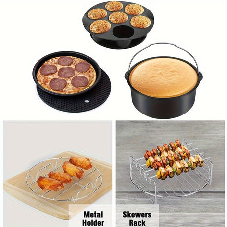 Hjemix | 11-delt 8-tommers Air Fryer tilbehørsett - Kompatibel med 3,7QT - 6,8QT Air Fryer, BPA-fri, oppvaskmaskin sikker, non-stick med kokebok