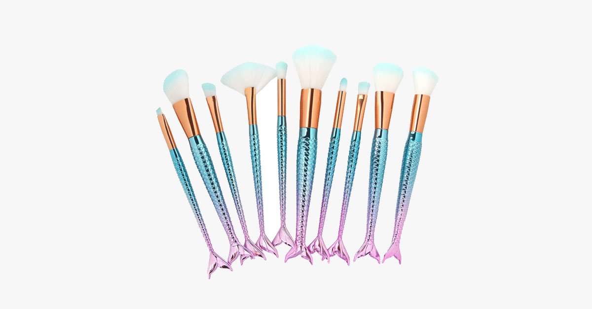 Hjemix | Havfrue Sminkekostsett med GRATIS Konturkost - Profesjonell Kosmetikkost for Øyenskygge, Eyeliner, Rouge & Concealer