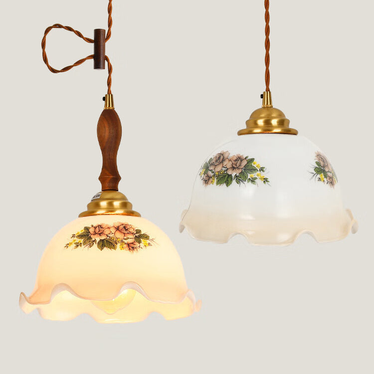 Hjemix | Tradisjonell Vintage Messing Snor Valnøtt Glass Blomst Buet 1-Lykt Pendellampe For Spiserom