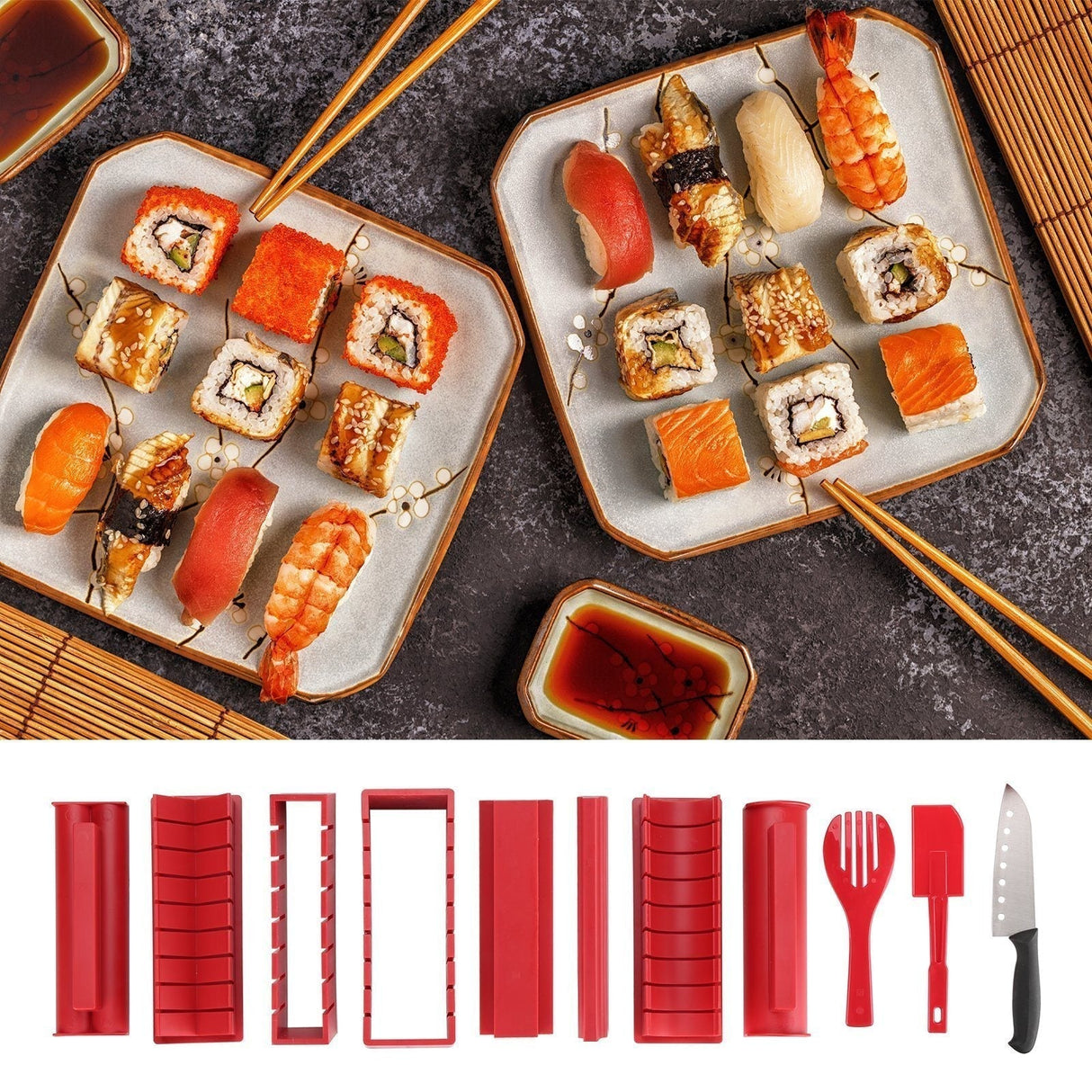 Hjemix | 11-delt: Sushi Maker Set Sushi Ruller med høykvalitets Sushi Kniv