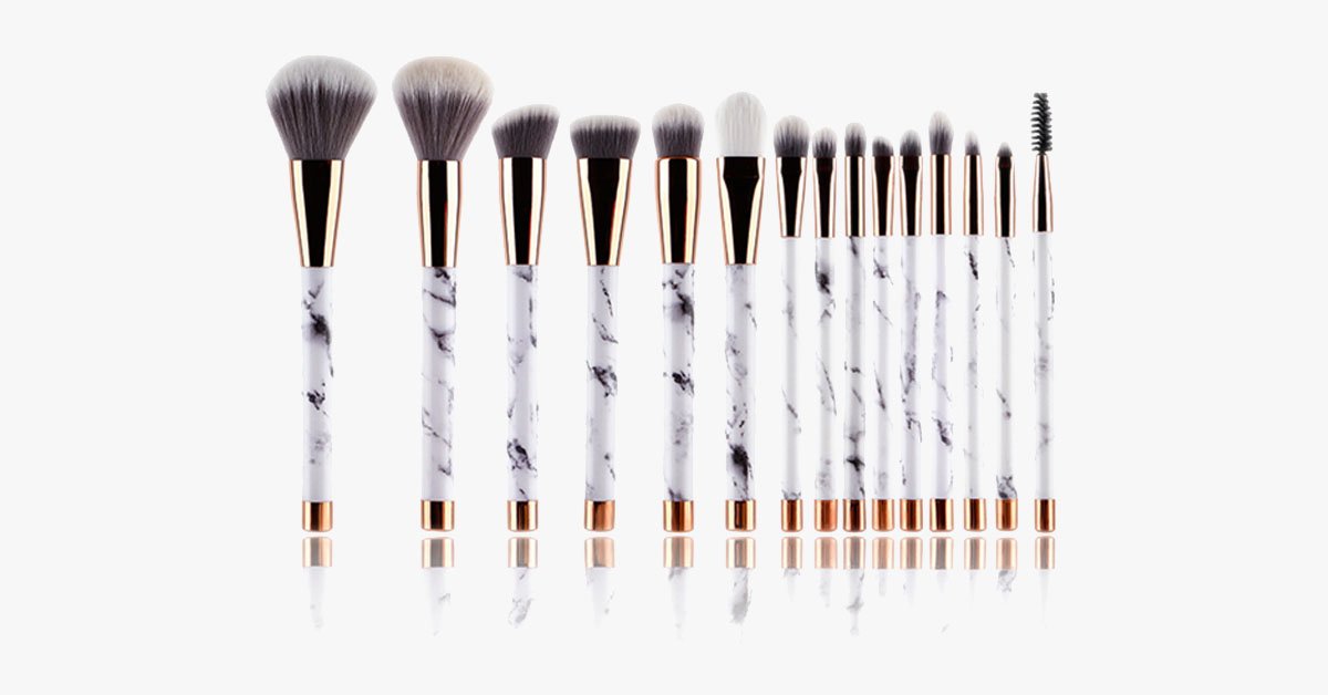 Hjemix | Pro Makeup Brush Set of 15 med Rose- og Marmor mønster - Perfekt for alle Makeup Applikasjoner