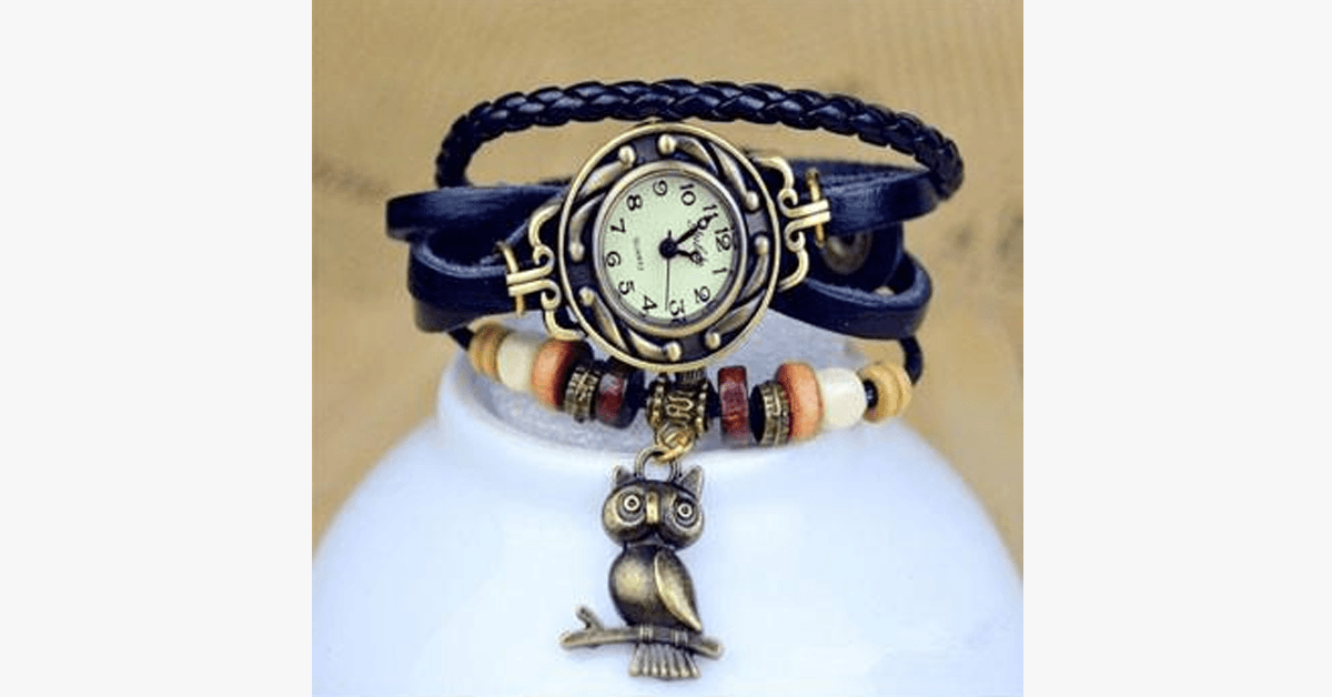 Hjemix | Ugle Vintage Wrap Klokke med Boho-Chic Stil Armbånd - Vevd mansjett-stil armbåndsur for et funky utseende!