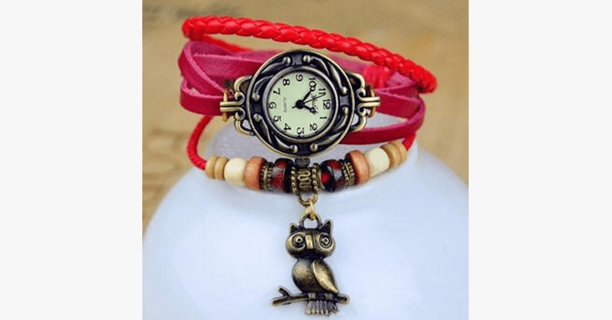 Hjemix | Ugle Vintage Wrap Klokke med Boho-Chic Stil Armbånd - Vevd mansjett-stil armbåndsur for et funky utseende!