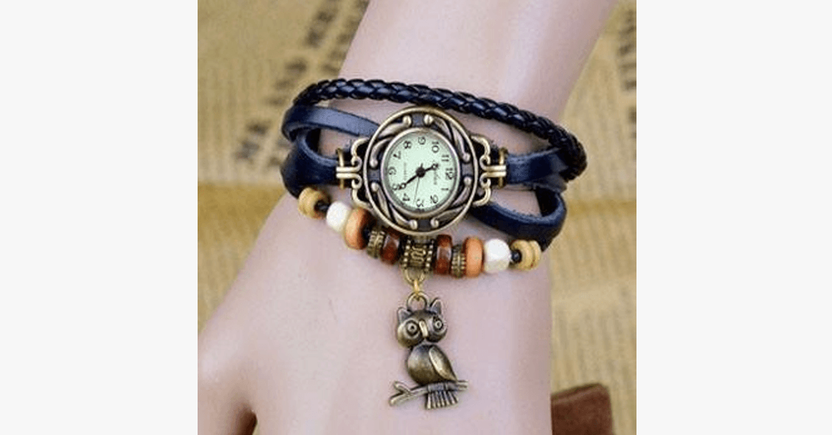 Hjemix | Ugle Vintage Wrap Klokke med Boho-Chic Stil Armbånd - Vevd mansjett-stil armbåndsur for et funky utseende!