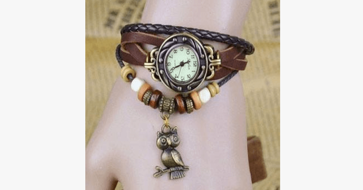 Hjemix | Ugle Vintage Wrap Klokke med Boho-Chic Stil Armbånd - Vevd mansjett-stil armbåndsur for et funky utseende!