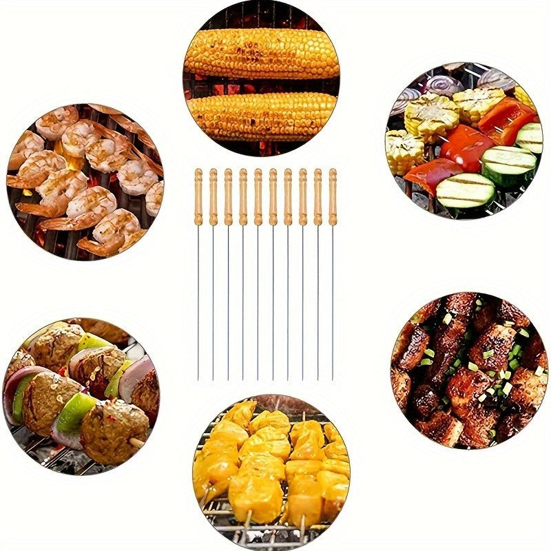Hjemix | 10 stk Premium rustfritt stål BBQ spyd med trehåndtak – Multifunksjonelle, holdbare grillpinner for matlaging utendørs – Perfekt for sommerfester og familietreff