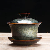 Hjemix | Vintage Brennovn Keramisk Gaiwan Sancai Tekopp Tekopp og Tallerken med Lokk