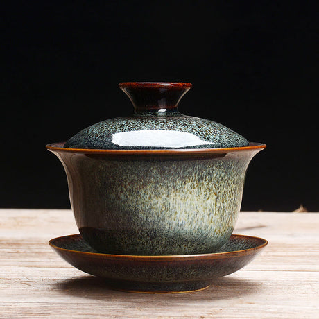 Hjemix | Vintage Brennovn Keramisk Gaiwan Sancai Tekopp Tekopp og Tallerken med Lokk