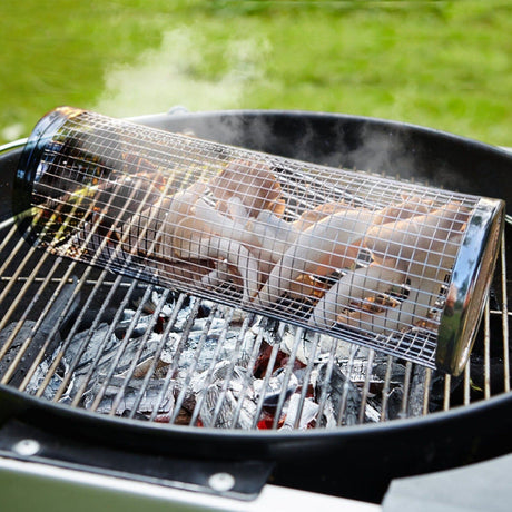 Hjemix | 2-delt: Bærbar BBQ Rullende Kurv Rund Rustfritt Stål Grill