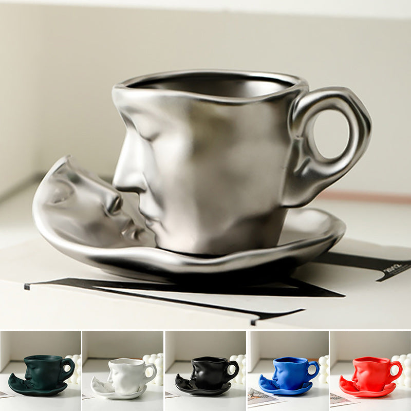 Hjemix | Metal Touching Face Creative Ceramic Kiss Kaffekopp, Kunstnerisk Vibe Krus & Tallerken Sett