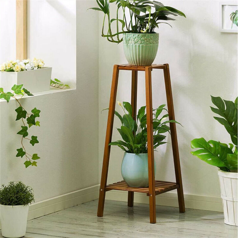 Hjemix | 2 Tier Høy Plante Stativ Pottholder Lite Rom Bord Hage Blomsterpotte Brun