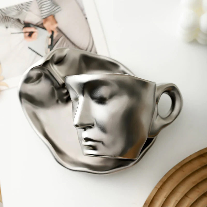 Hjemix | Metal Touching Face Creative Ceramic Kiss Kaffekopp, Kunstnerisk Vibe Krus & Tallerken Sett