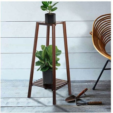 Hjemix | 2 Tier Høy Plante Stativ Pottholder Lite Rom Bord Hage Blomsterpotte Brun