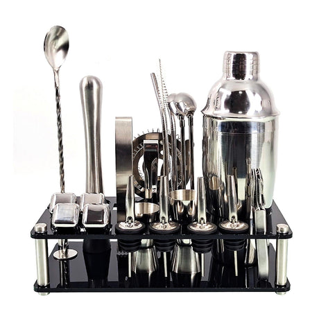 Hjemix | 23pcs/Set Bartender Kit Profesjonell Allsidighet Rustfritt Stål Martini Cocktail Shaker med Stativ Bar Tilbehør