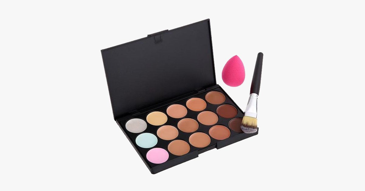 Hjemix | 15 farger concealer palett med skråbørste & svamp – alt i ett kit!