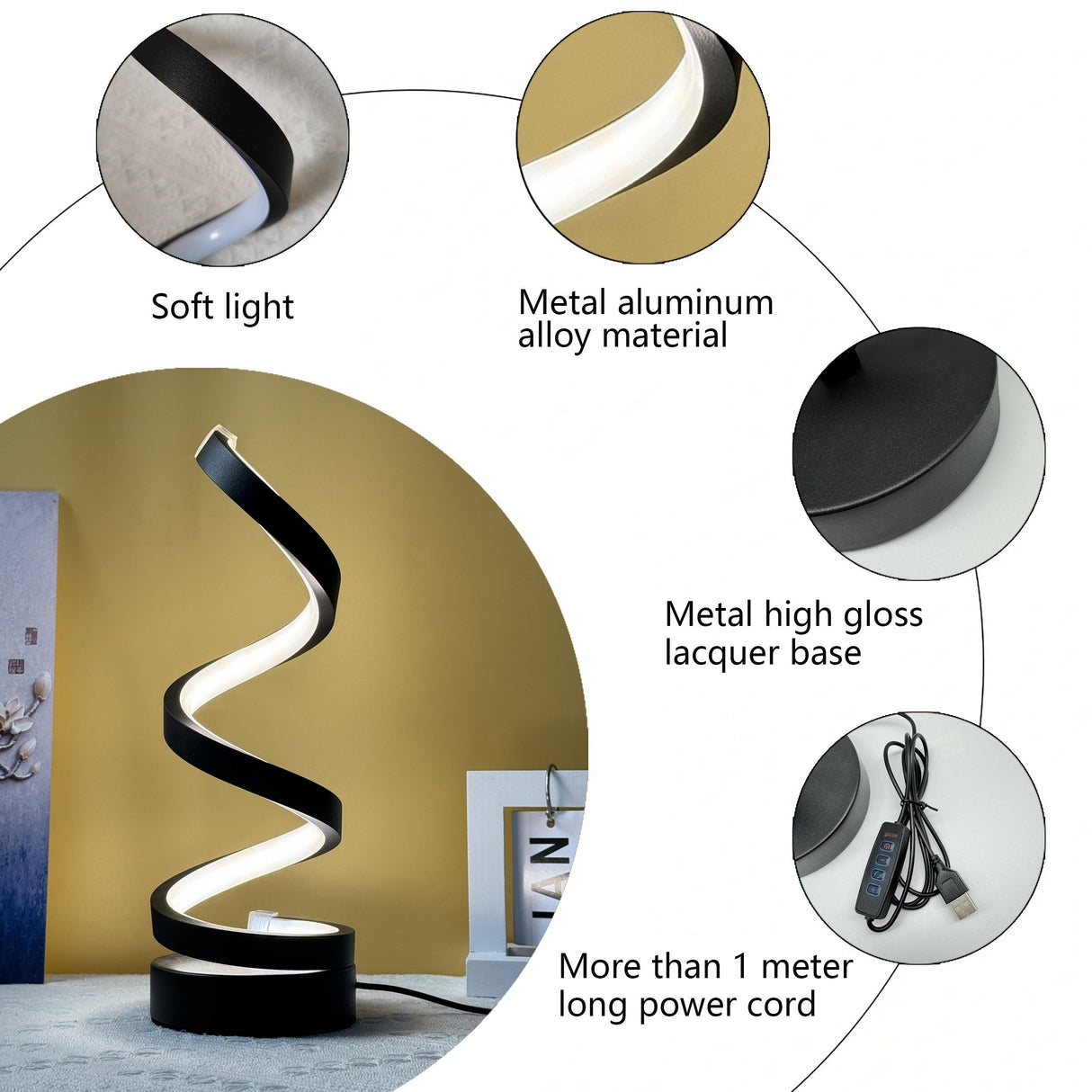 Hjemix | Modern Spiral Table Lamp – Kreativ LED Skrivebordslampe med Mild Varme Lys, Perfekt for Soverom, Stue, og Studie Dekor