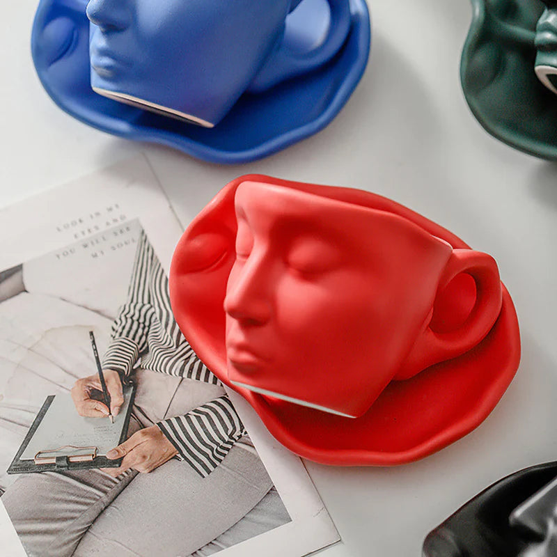 Hjemix | Metal Touching Face Creative Ceramic Kiss Kaffekopp, Kunstnerisk Vibe Krus & Tallerken Sett