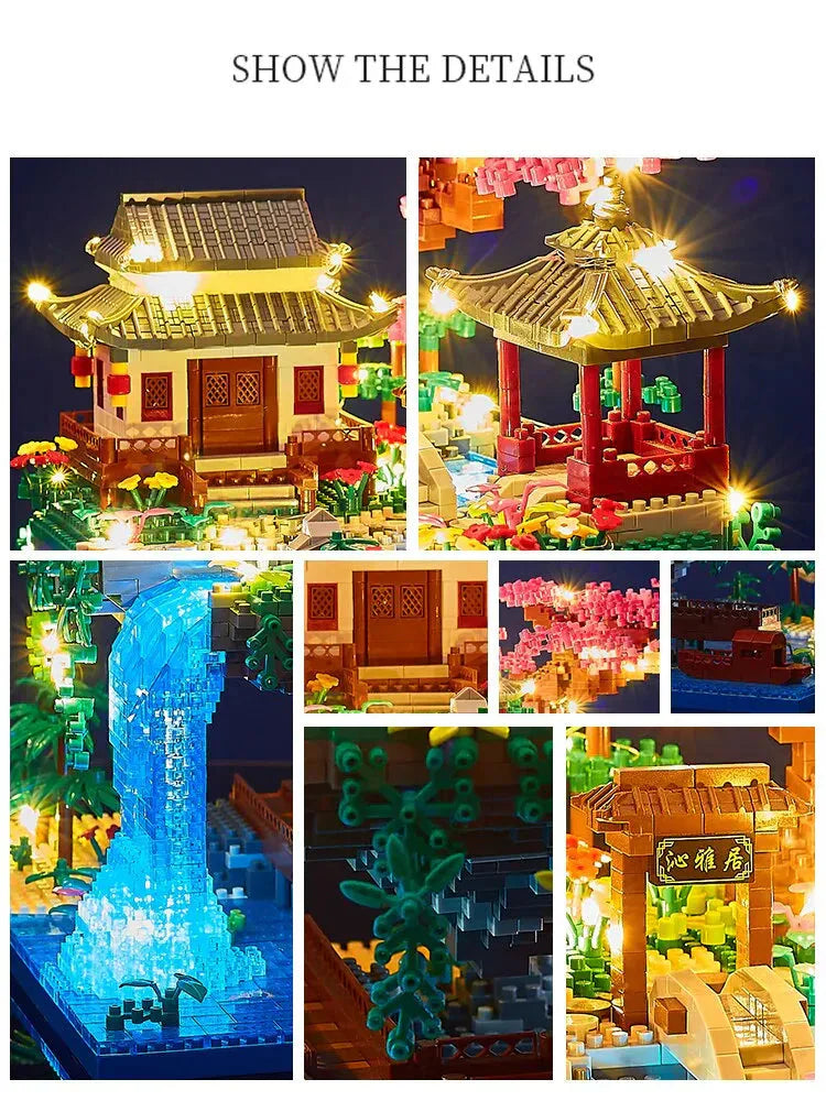 Hjemix | 3320PCS Blokker Trehus Diamant Bygging Hage Arkitektur Foss Lys DIY Murstein Kirsebærblomst Leketøy for Barn Voksen Gave