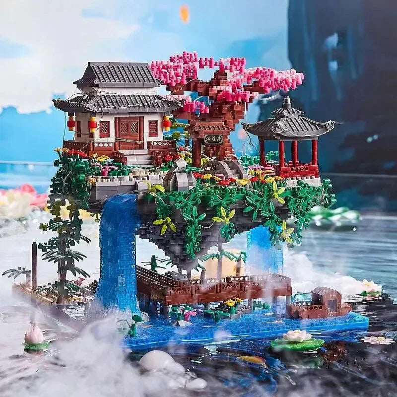 Hjemix | 3320PCS Blokker Trehus Diamant Bygging Hage Arkitektur Foss Lys DIY Murstein Kirsebærblomst Leketøy for Barn Voksen Gave