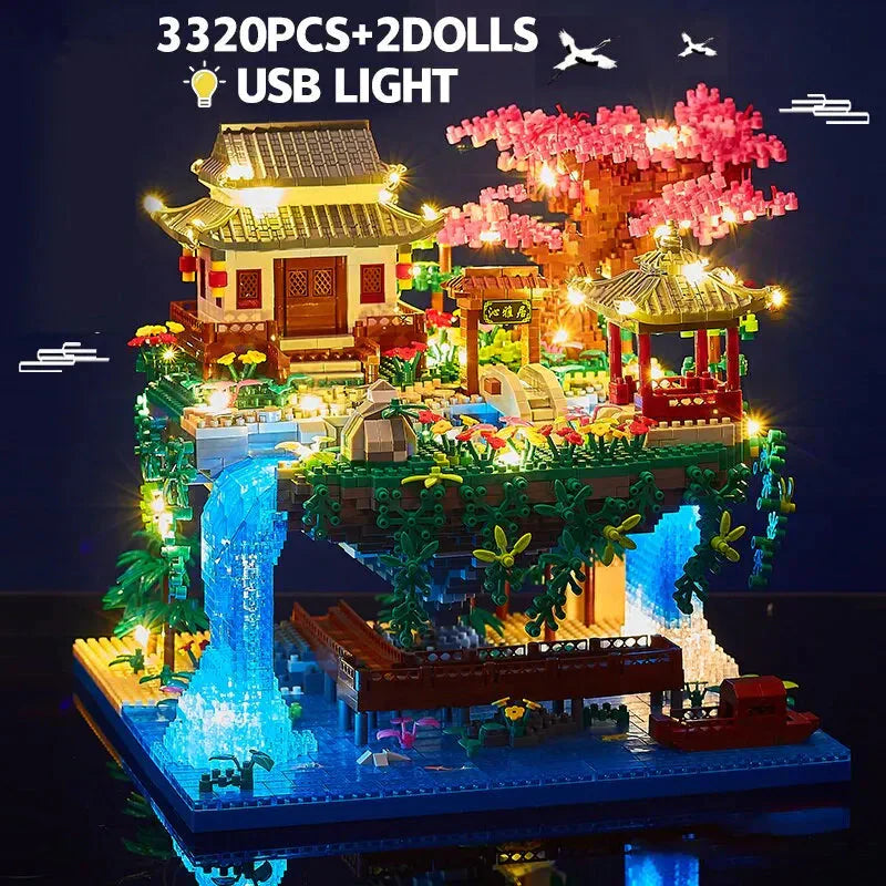 Hjemix | 3320PCS Blokker Trehus Diamant Bygging Hage Arkitektur Foss Lys DIY Murstein Kirsebærblomst Leketøy for Barn Voksen Gave